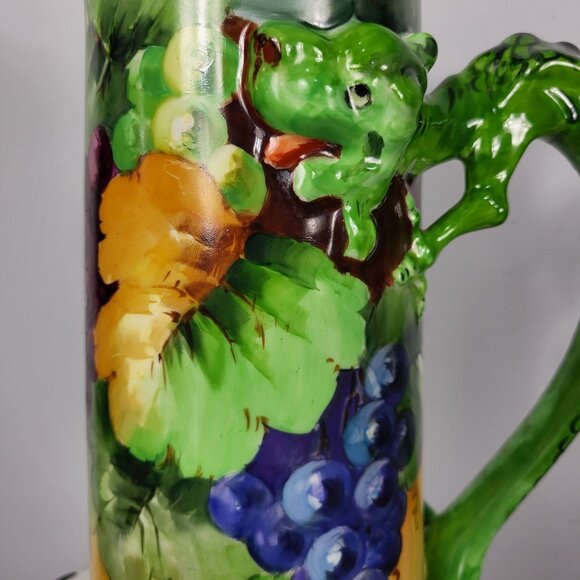 VINTAGE HUGE 15" JPL LIMOGES HAND PAINTED GRAPES DRAGON HANDLE TANKARD PITCHER - Picture 4 of 16